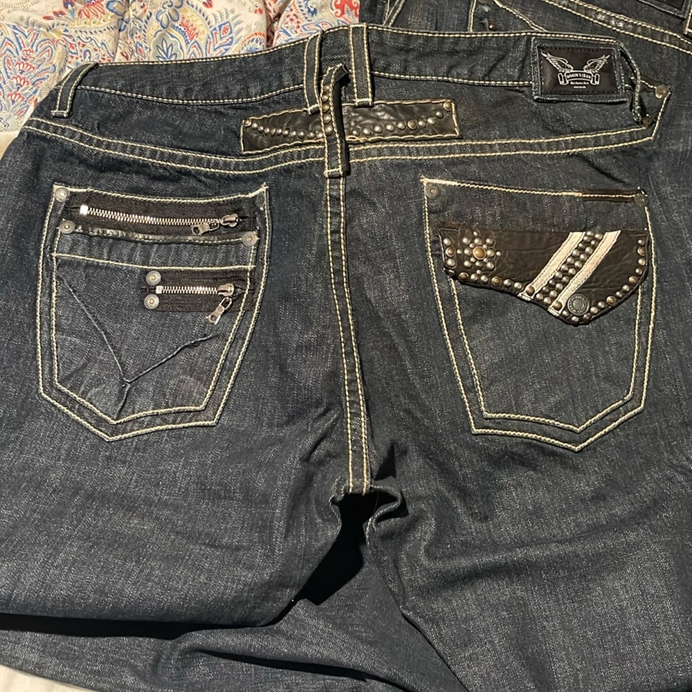 Mens Robins Jeans Racer Zipper Leather Flap Pocket Wings size 42